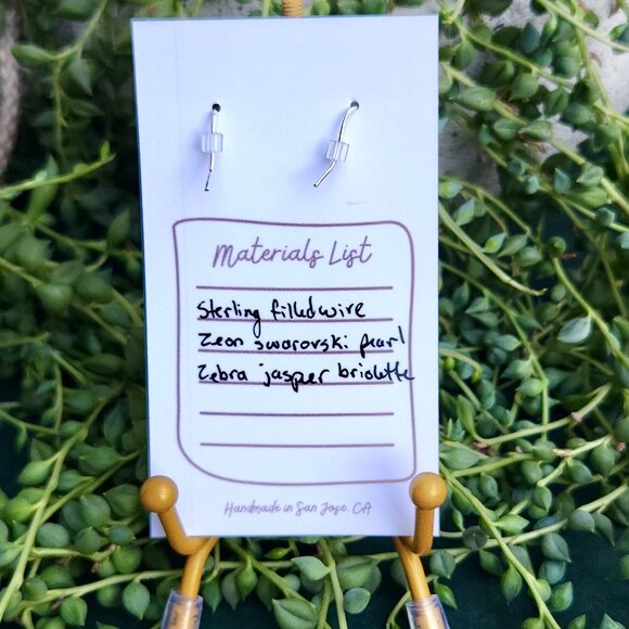 Swarovski Pearl and Zebra Jasper Dangle Earrings - Picture 5 of 8